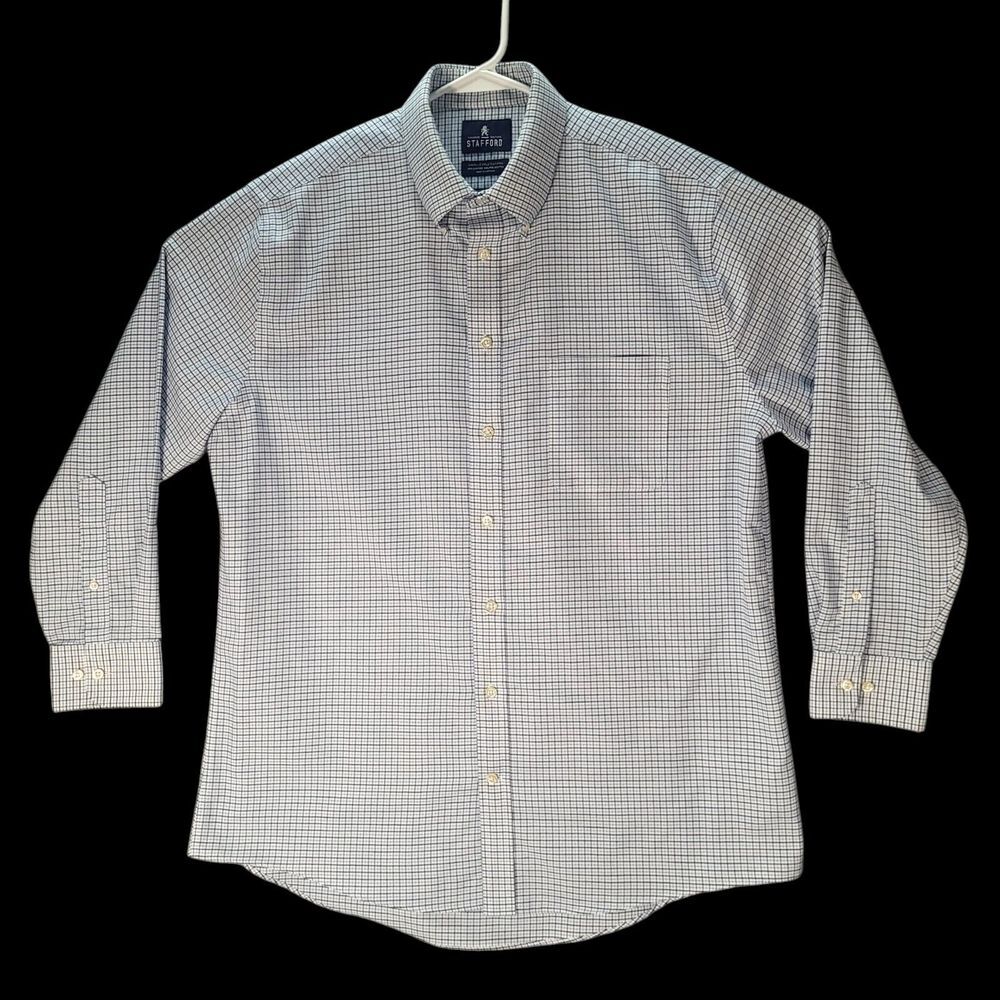 Stafford Wrinkle Free Blue Plaid Button Down Oxford Shirt 16‎ 1/2 32/35